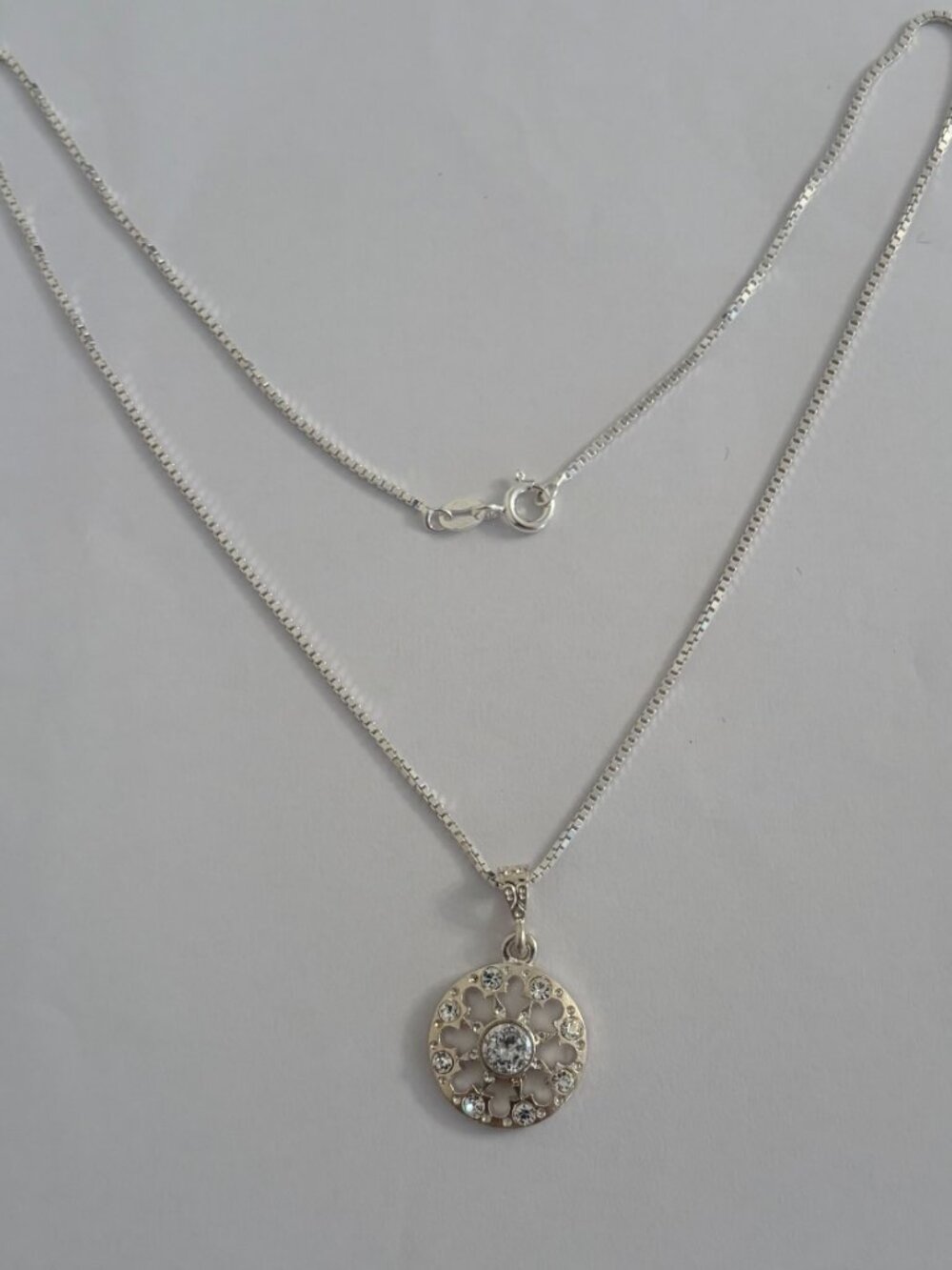 Sterling Silver CZ Round Floral Pendant and 16" Box Chain
